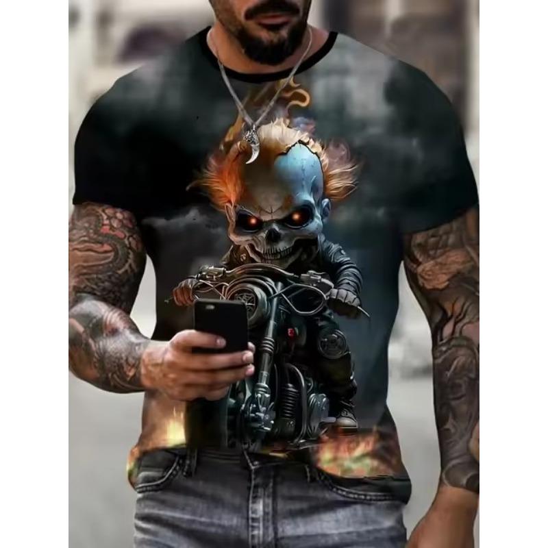 Cool Dog Motorcyclist Tričko s 3D digitálním vzorem pro muže, tričko Street Style Crew Neck Neck, ležérní top s krátkým rukávem, pánské oblečení na letní denní nošení