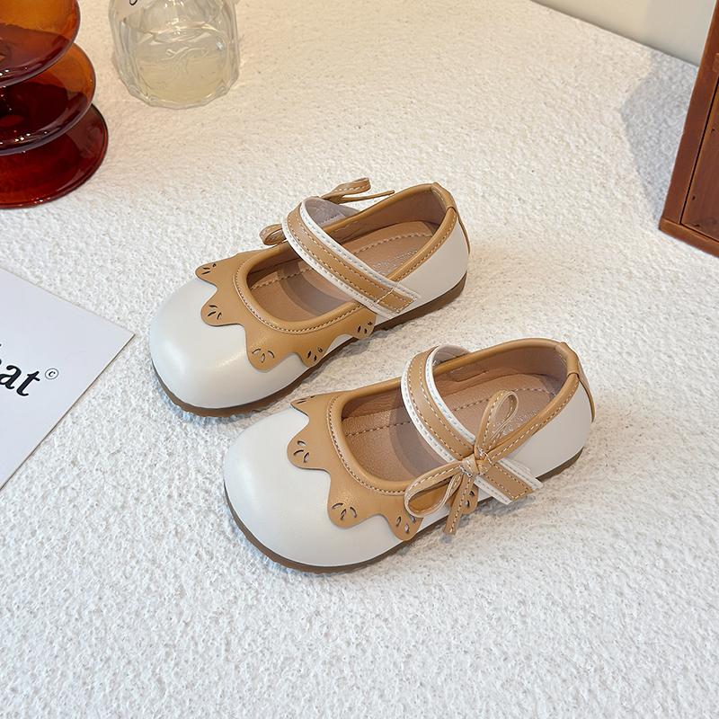 

Kids Leather Shoes Round Toes Non-slip Girls Flat Shoes Soft Sole Ins Trendy 2025 New Children Flat Shoes Side Bows Sweet Cute 21 бежевый