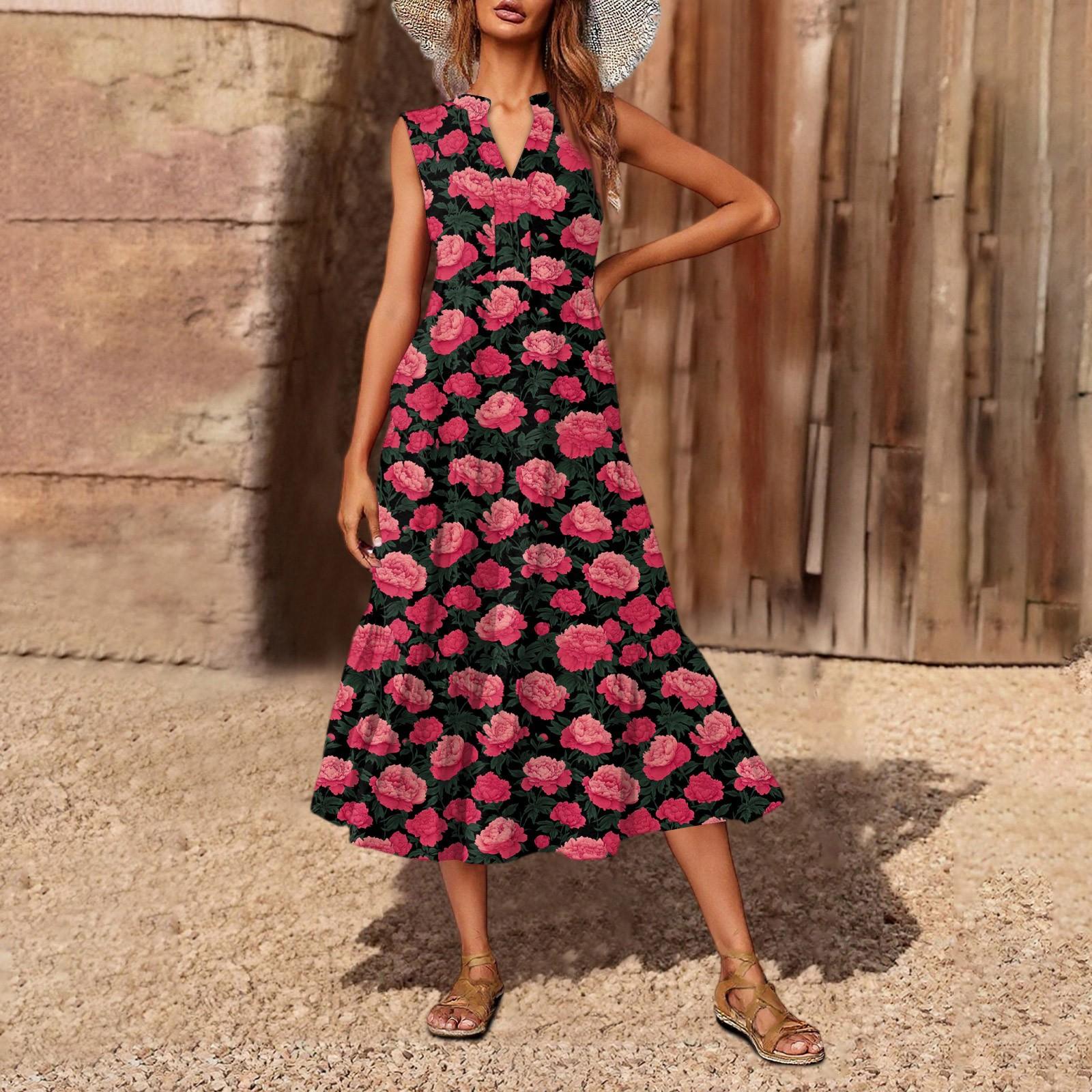 

Жіноча повсякденна та модна сукня міді без рукавів з V-подібним вирізом та принтом M