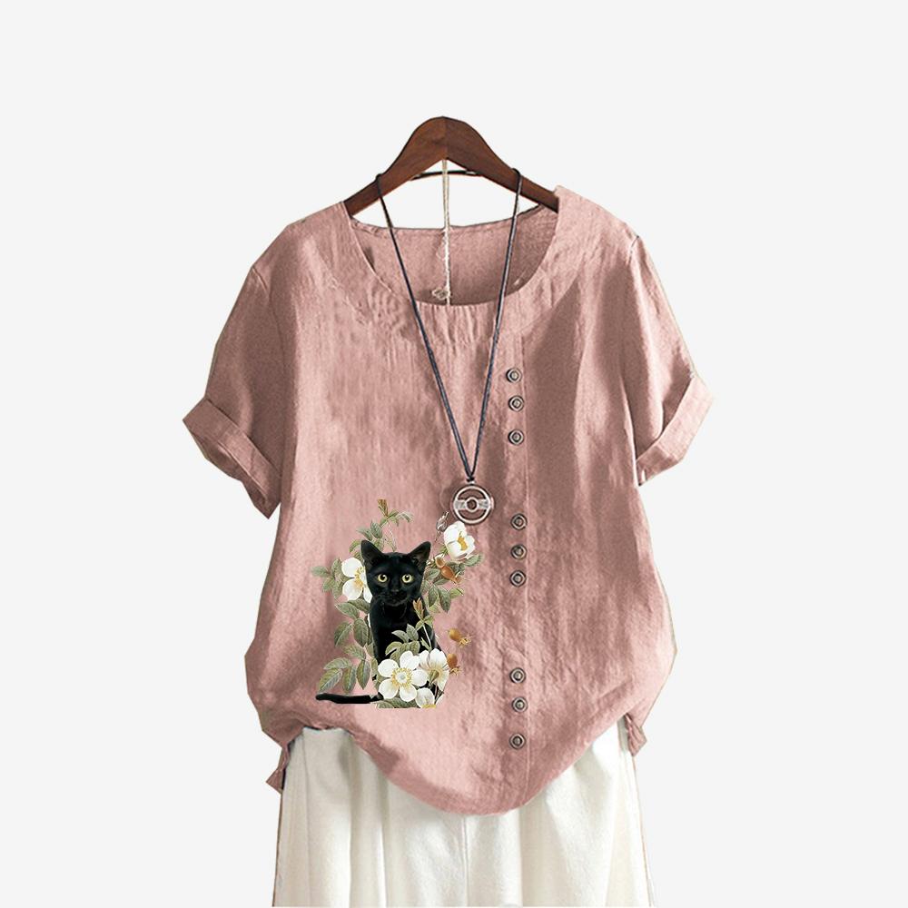 Women Fashion Short Sleeve T-shirt Summer&fall Casual Round Neck Cat Print Top Pullover Loose Cotton Linen Blouses