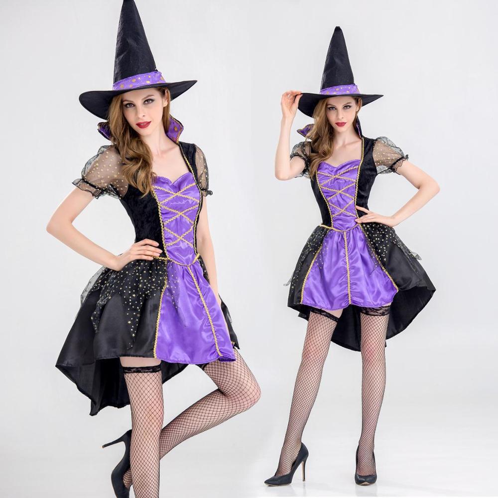 Dámský kostým čarodějnice upíří elf cosplay strašidelný fialový karnevalový cosplay party outfit s nabíraným rukávem, asymetrickým lemem šaty s kloboukem