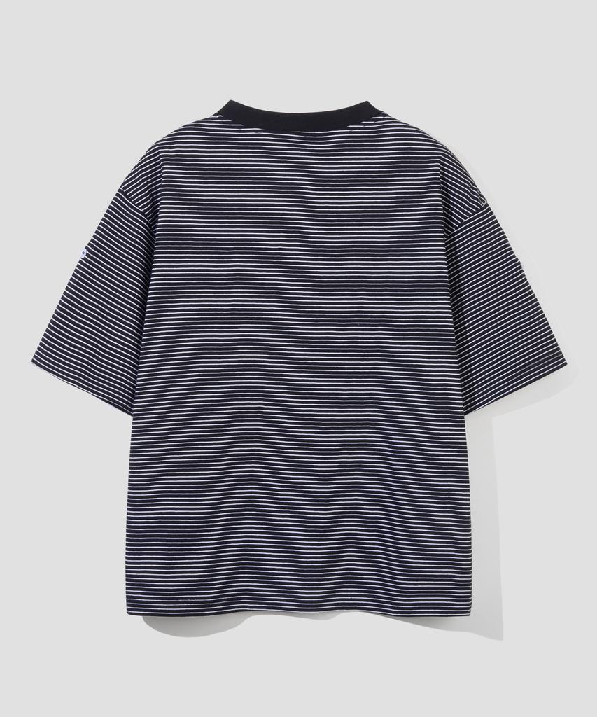 AGOD Roll-Up Snap Henley Neck Striped Half T-Shirt [Black]
