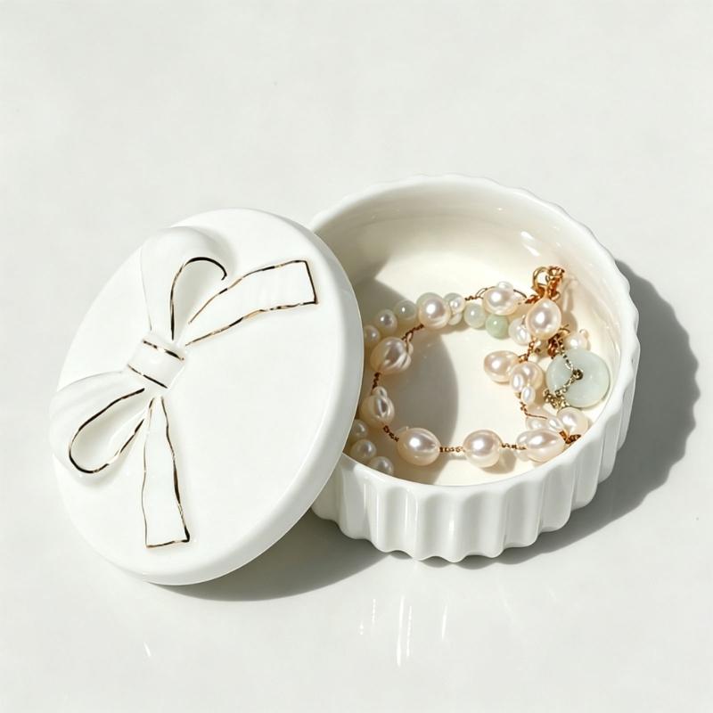 White Ceramic Jewelry Box with Lid for Rings and Earrings, Raised Lid Detail and Vanity Storage for Dresser Use and Tabletop Display