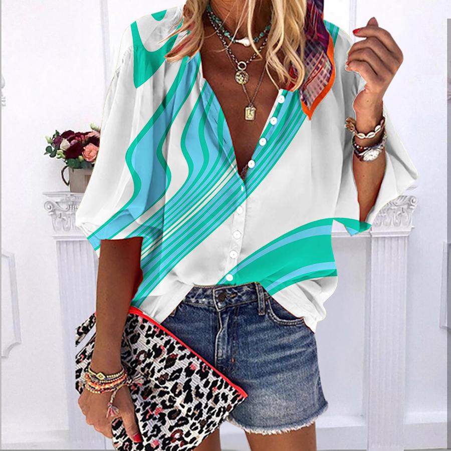 

2023 Summer Autumn New Fashion Women s Tops Colorful Streams Printed Half Sleeve Casual Plus Size Button-down Shirt with Bubble Sleeves