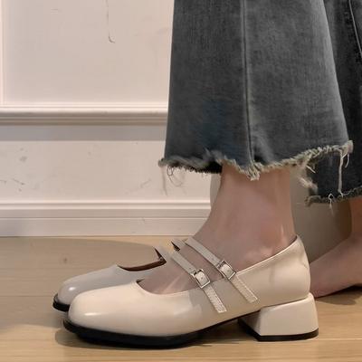 Mote temperament Beige tykk hæl Mary Jane enkeltsko dame 2025 ny vår og høst skjørt Fransk firkantet tå små skinnsko