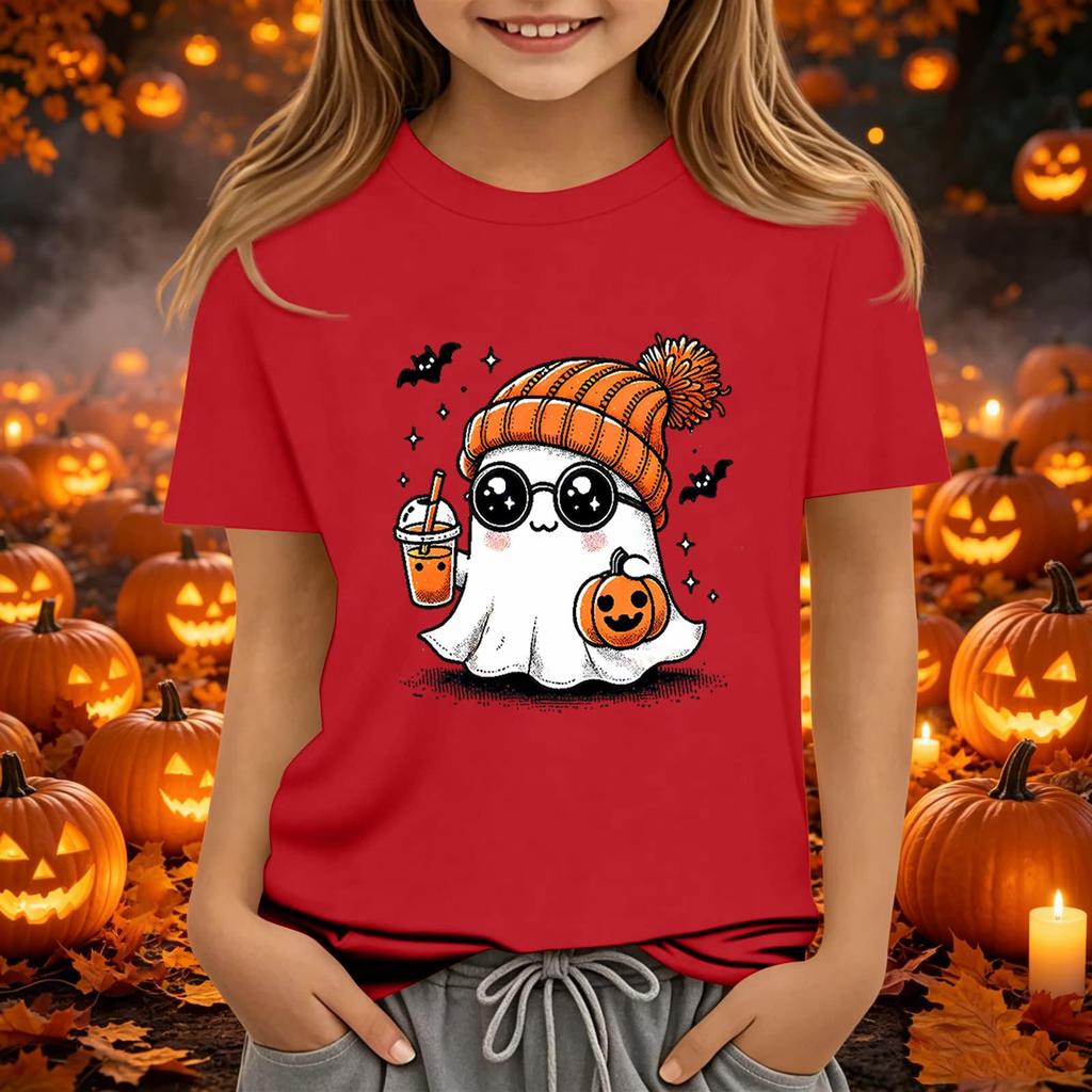 Kids Halloween Print Short Sleeve T-Shirt Round Neck Loose Fit Casual Tee for Boys Girls