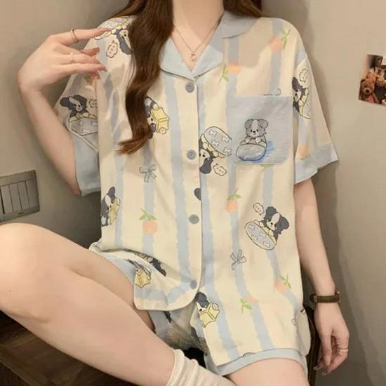 Women s Cloud Cotton Cartoon Pajama Set: Short-Sleeve, Color-Block Lapel Cardigan, Shorts; Wear at Home or Out, Summer Style. Extra Extra Large