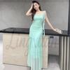 Elegant French Fairy Mesh Camisole Maxi Dress - Travel, Resort, Pleated, Cinched Waist, Hip-Hugging Mermaid Style for Women.