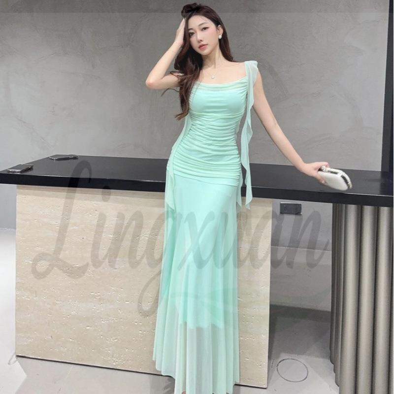 Elegant French Fairy Mesh Camisole Maxi Dress - Travel, Resort, Pleated, Cinched Waist, Hip-Hugging Mermaid Style for Women.