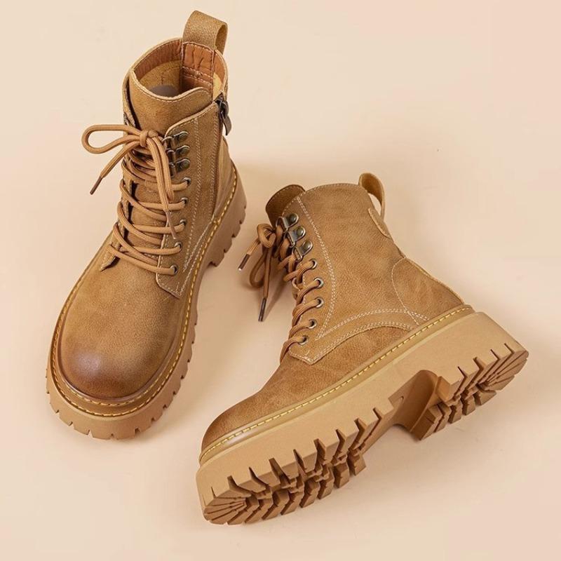 Comemore Ankle Boots for Women Leather Autumn Ladies Shoes Thick Heel Platform Motorcycle Boots British Work Short Botas