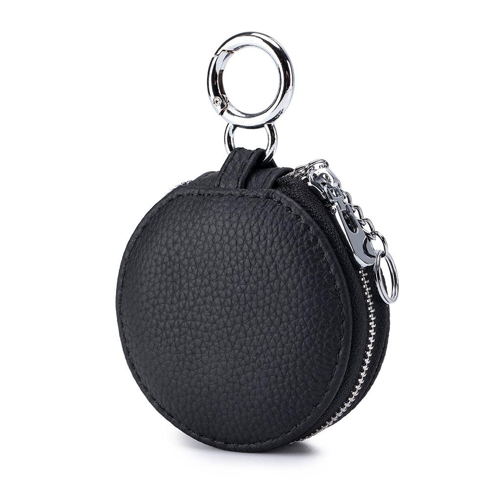 Genuine Leather Coin Purse Bag Pendant Decor With Mirror Round Wallet Keychain Zipper Closure Lipstick Storage Bag Bluetooth