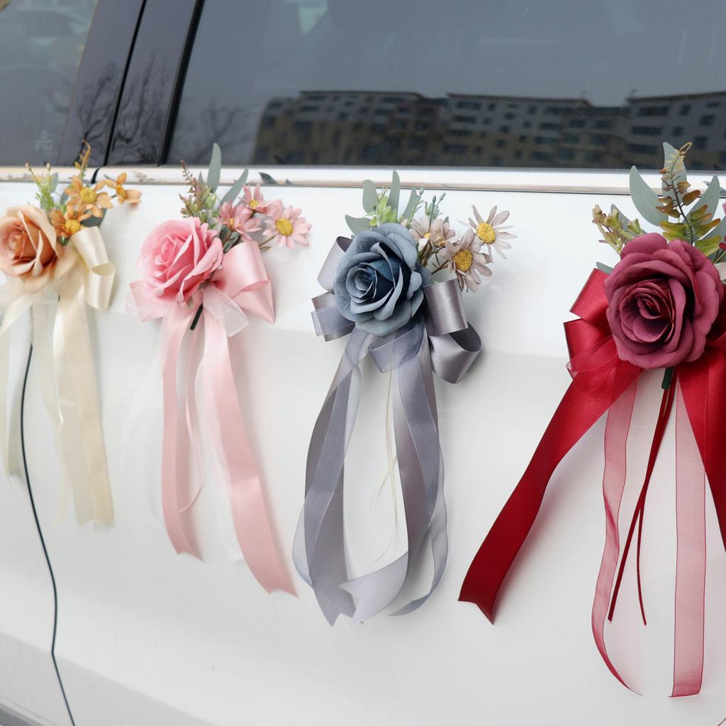 1pc Wedding Car Flowers Vintage Style Rearview Mirror Bow Artificial Flower for Bridal Fleet Door Handle Chair Back Decoration