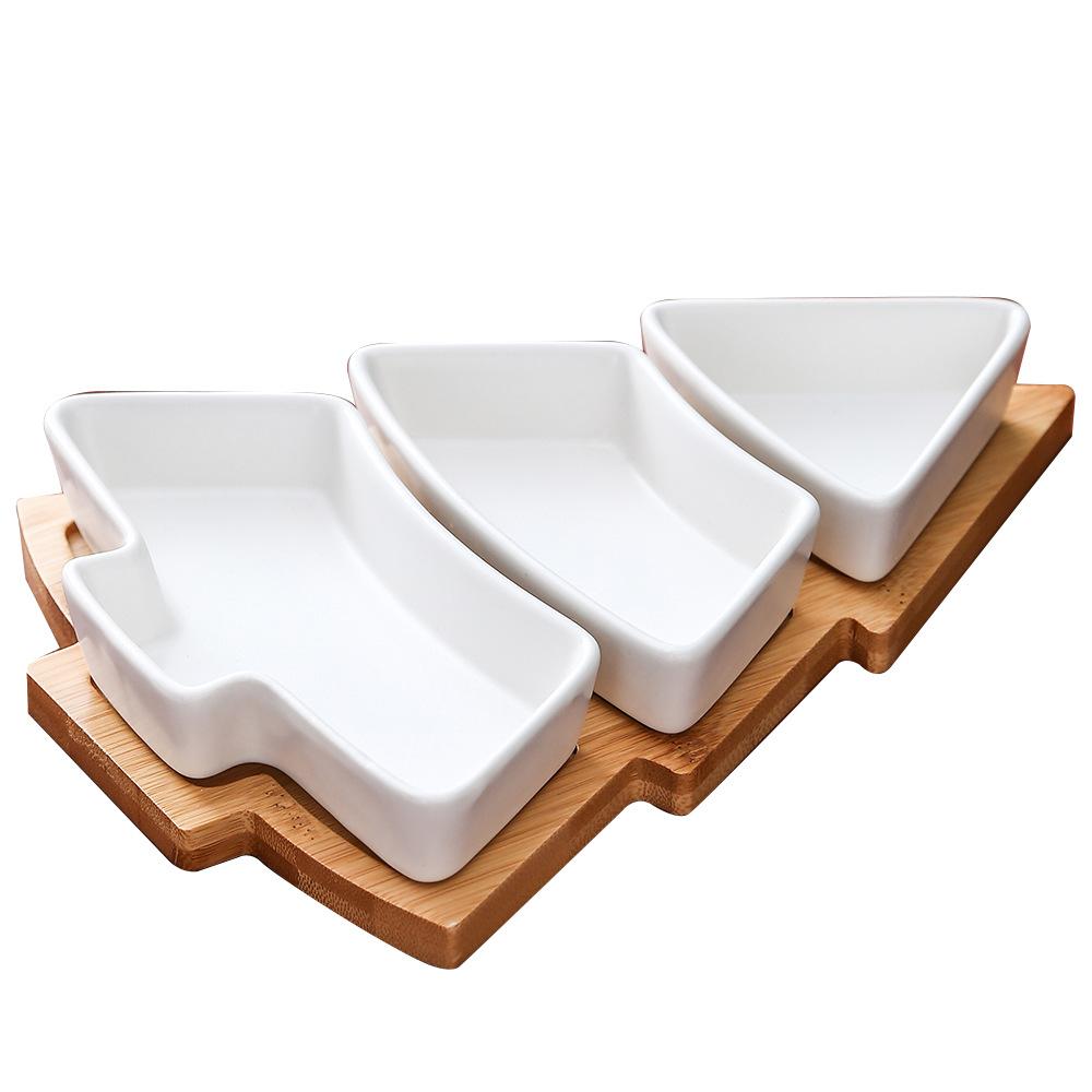 Ceramic Bamboo Wood Christmas Tree Partition Plate Platter Fruit Bowl Breakfast Dish Home Decoration
