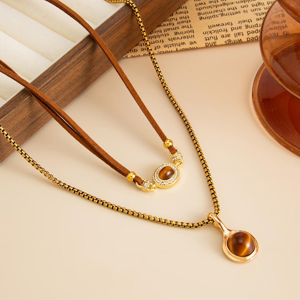 Maillard Style Tiger Eye Stone Pendant Y-shaped Thin Chain Sweater Necklace Women's Fashion Adjustable Rope Chain Daily Jewelry