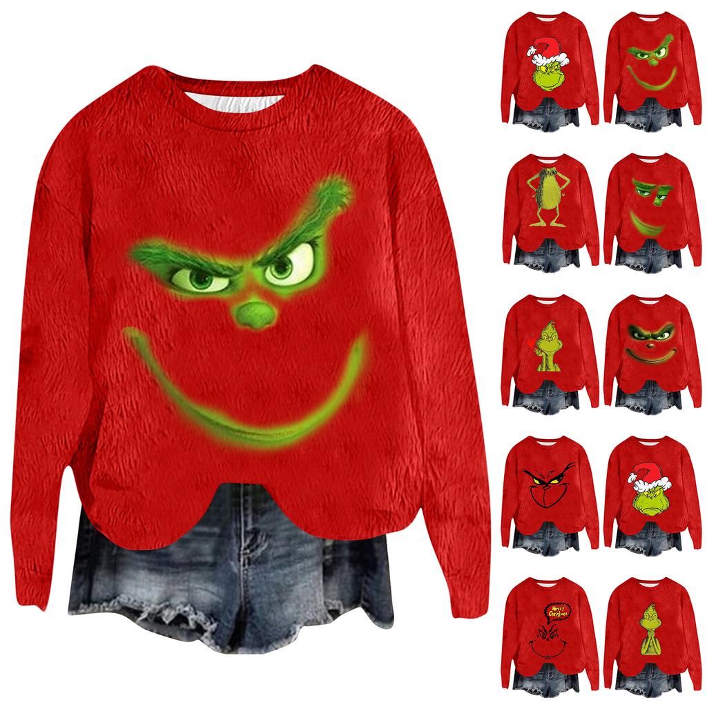 Women's Fashion Round Neck Pullover Top Long Sleeve Tee Christmas Printed Sweatshirt