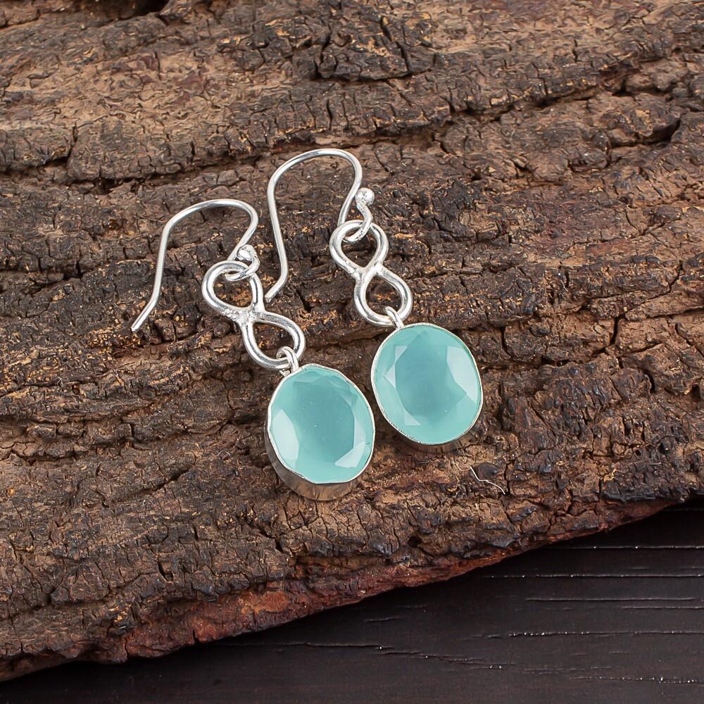 Aqua Chalcedony Gemstone 925 Sterling Silver Handmade Jewelry Earrings 1.60" EE-12-14