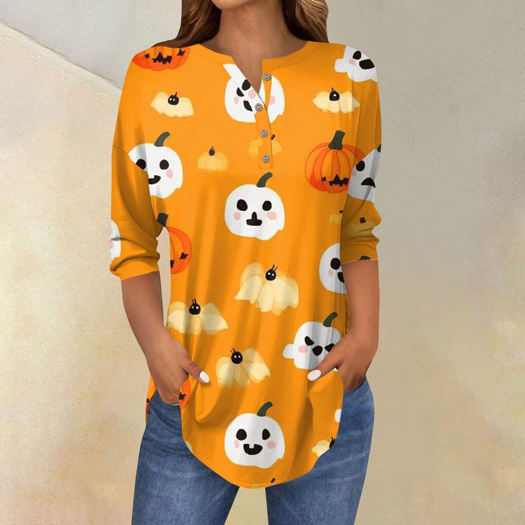 Women's Fashion Loose Button Collar Halloween Print Long Sleeve T-Shirt Top Pullover
