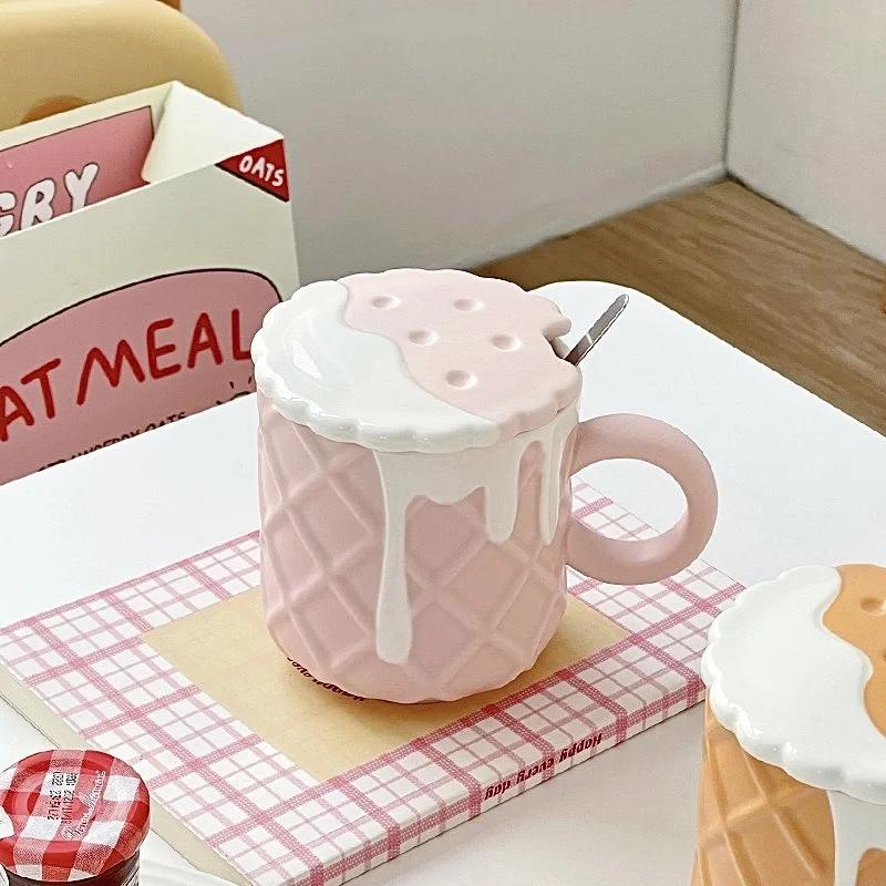 1pc 400ML Biscuit Pattern Coffee Mug With Lid And Spoon Ceramic Coffee Cups Cute Kawaii Water Cup Summer Winter Drinkware Gifts