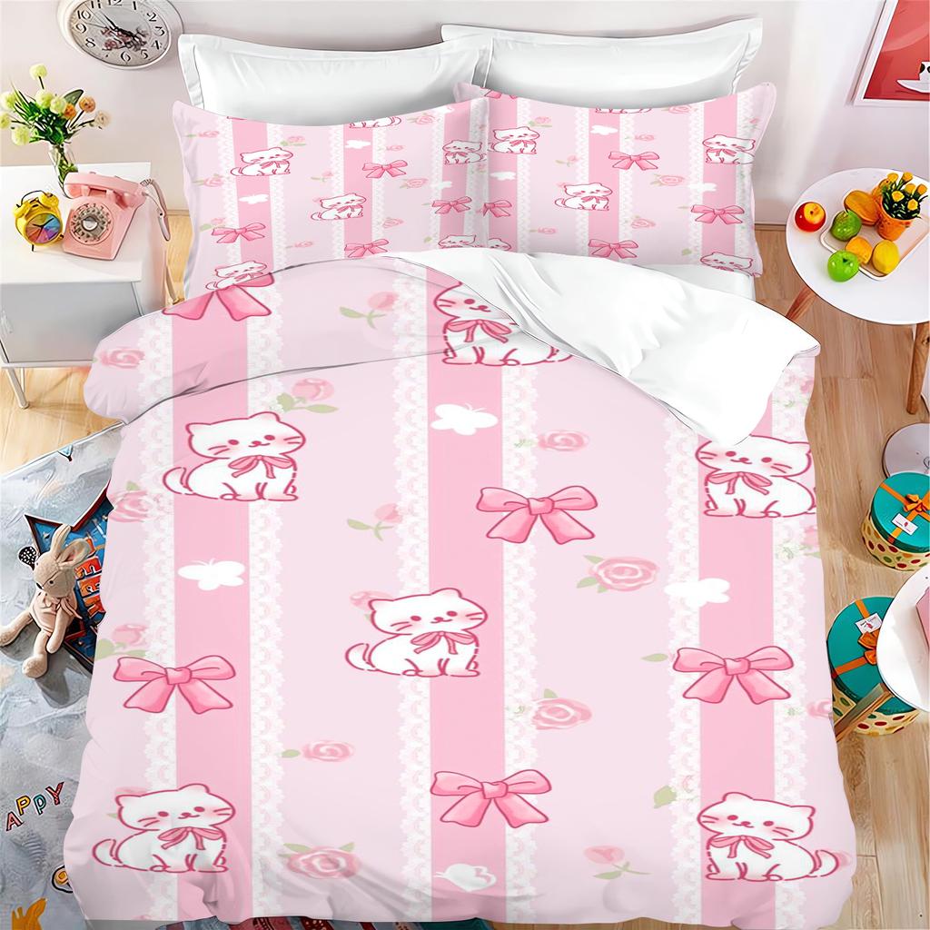 Lovely Bow Carton Anime Soft Duvet Cover Set Kawai Holiday Gifts Comfortable Quilt Covers Pilowcase Set Children Kids Beding Set Decor Quen King-Sized