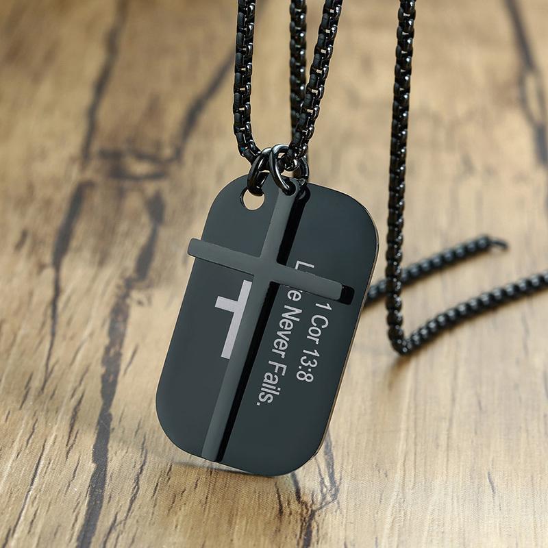 Vnox Personalized The Bible Cross Dog Tag Necklaces for Men Women, Black Stainless Steel Custom Prayer Christian Jewelry