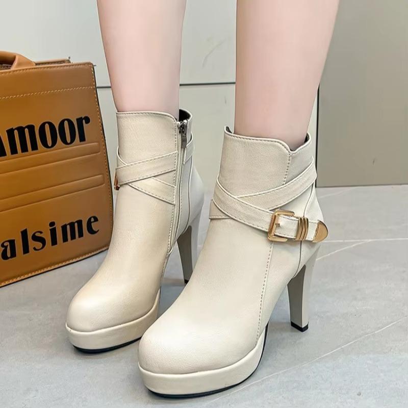 Fashion Spring Autumn New European American Women Pumps Fashion Belt Buckle Sexy Leather Boots Side Zipper High Heels Shoe Zapatos Mujer