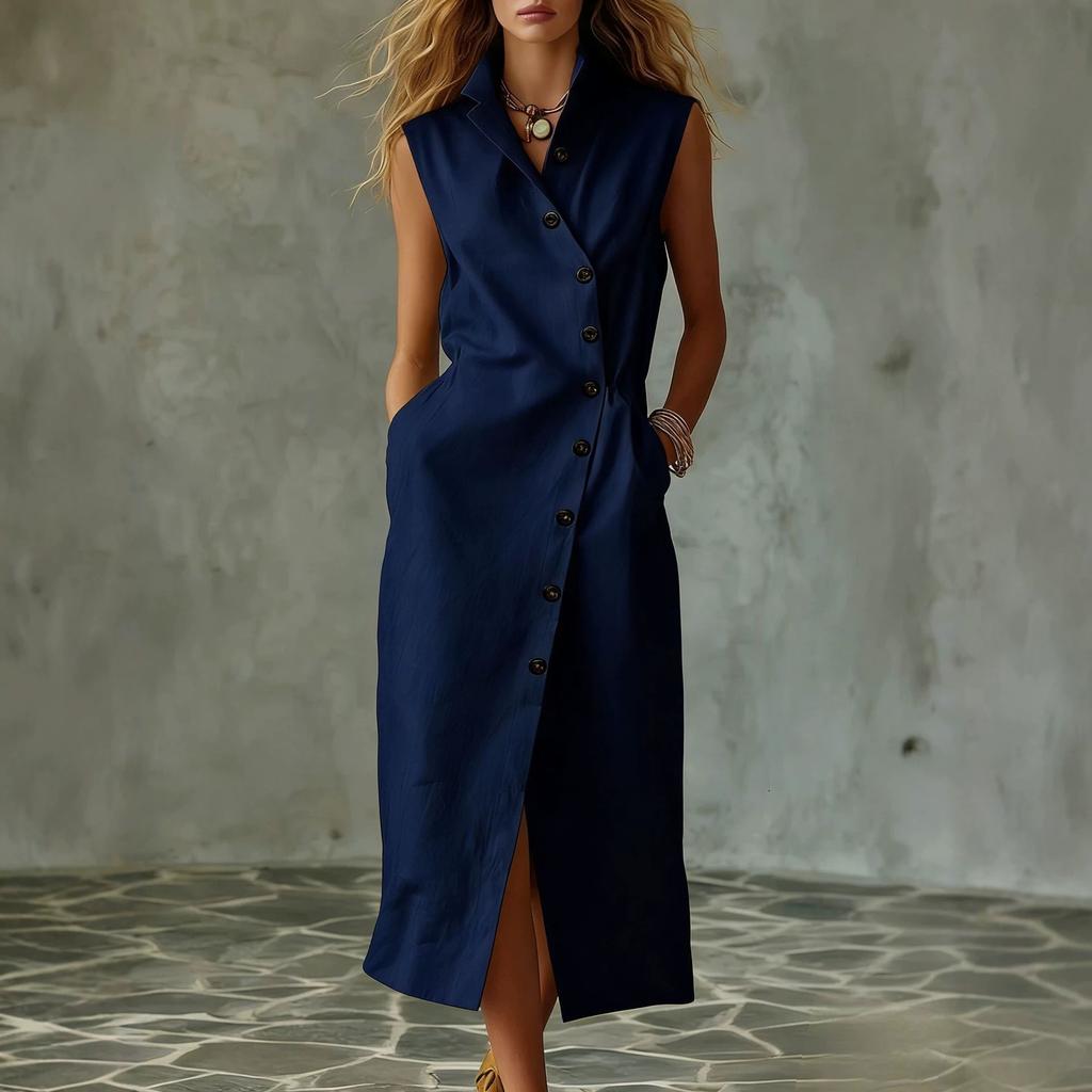 Simple style sleeveless dress, lapel diagonal breasted breathable loose long dress
