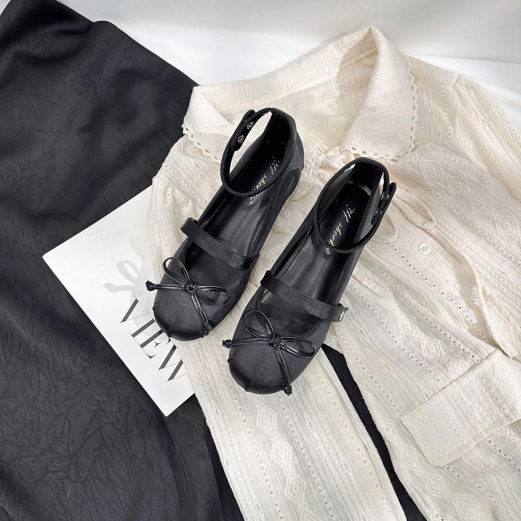 Small Man Increases Height 5CM Bow Round Head Mary Jane Shoes Women's 25 New Sweet Ankle Buckle Belt Flat Single Shoes