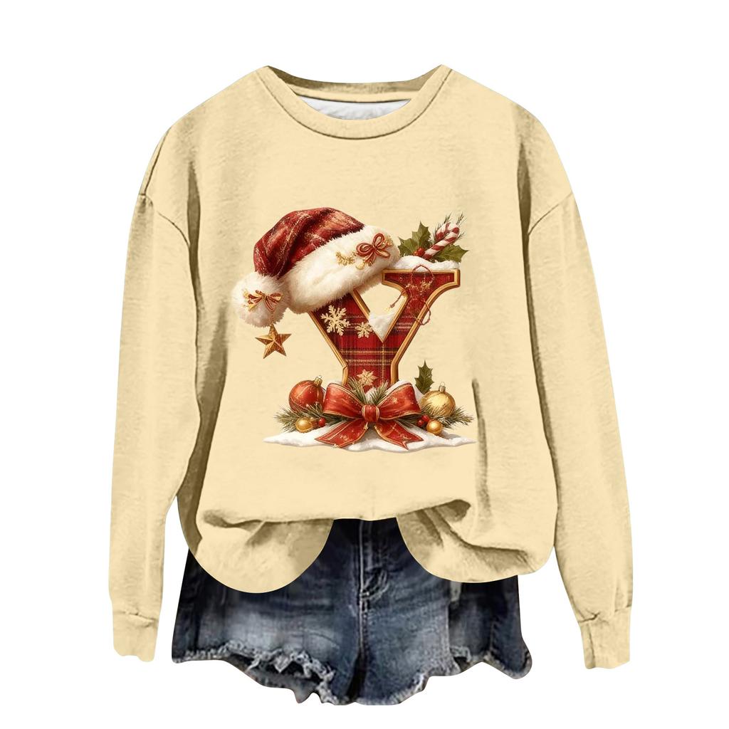 Women's Fashionable Casual Long-Sleeved Christmas Letter Print Crew-Neck Sweatshirt