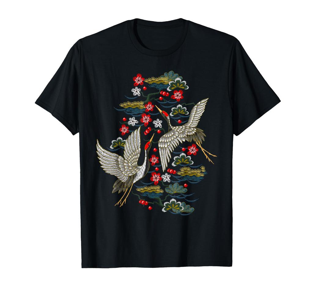 Crane Cherry Blossom Vintage Japanese Embroidery & T-Shirt - T-Shirt