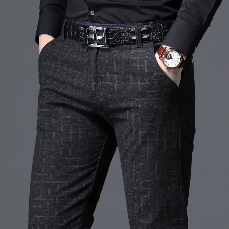 Men's Casual Trousers Men's Trousers Autumn and Winter New Trend Slim Small Feet Elastic Plaid Trousers Business Straight Tube