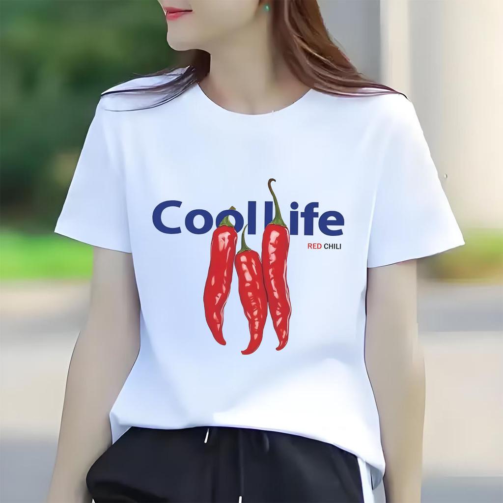 Retro Fashion Chili Print Tshirt Casual Short Sleeved Suitable for Daily Wear In All Seasons Womens Tshirt
