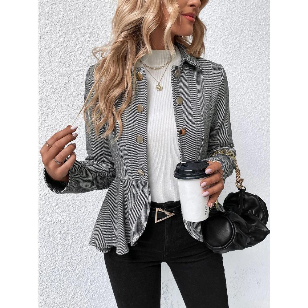 Women s Lapel Long Sleeve Tweed Blazer Slim Fit Plaid Single Button Ruffle Hem Elegant Short Suit Jacket S