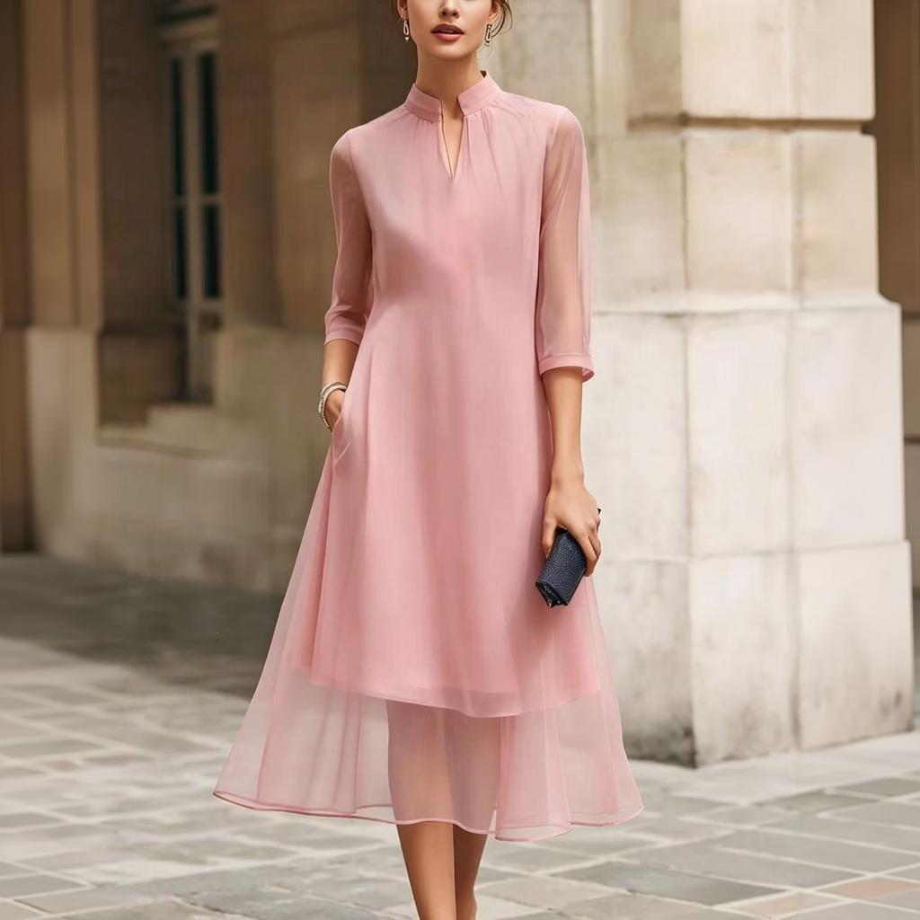 Women's Fashion Elegant Chiffon Dress with Inner Lining Flowy Midi Length Half Sleeve Casual Office Wear