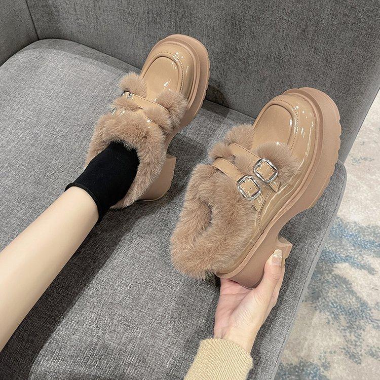 Shoes Woman Flats Round Toe Clogs Platform Loafers with Fur Increas Height Dress New Winter Creepers Slip-on Solid Short Plush F