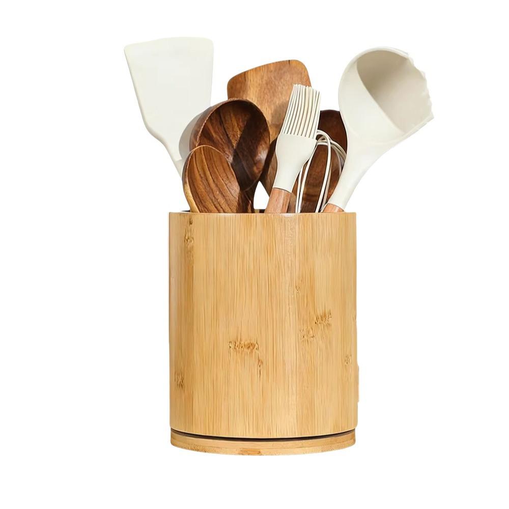 

Wooden Kitchen Utensil Holder Farmhouse Style 360° Rotating Cutlery Storage Rack Large Capacity Chopstick Cage Kitchen Counter