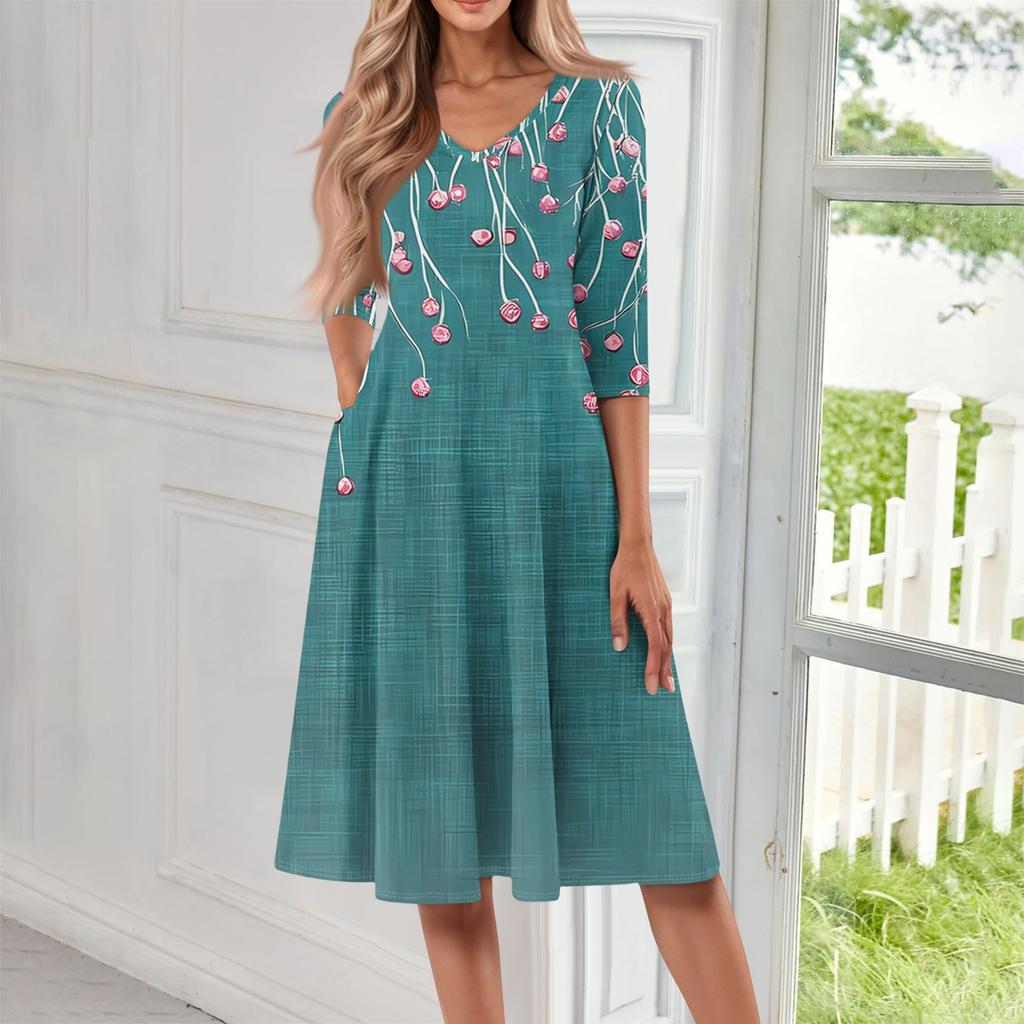 Women's Casual Fashion V Neck Three Quarter Sleeve Print Midi Dress