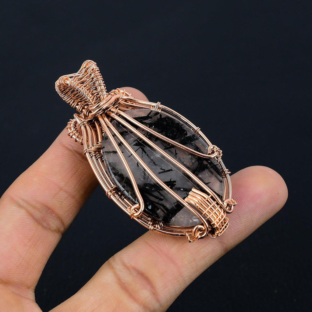Black Rutile Gemstone Jewelry, 999 Copper Wire Wrapped Pendant, Beautiful Silver Pendant, Handmade Bohemian Jewelry For Wedding Gift