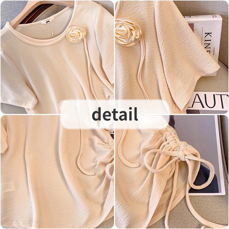 Rose Design Short Sleeve for Women Crew Neck Irregular Hem Drawstring T-shirt Summer Casual Fashion Loose Short Sleeve Breathable Lightweight Plus Top