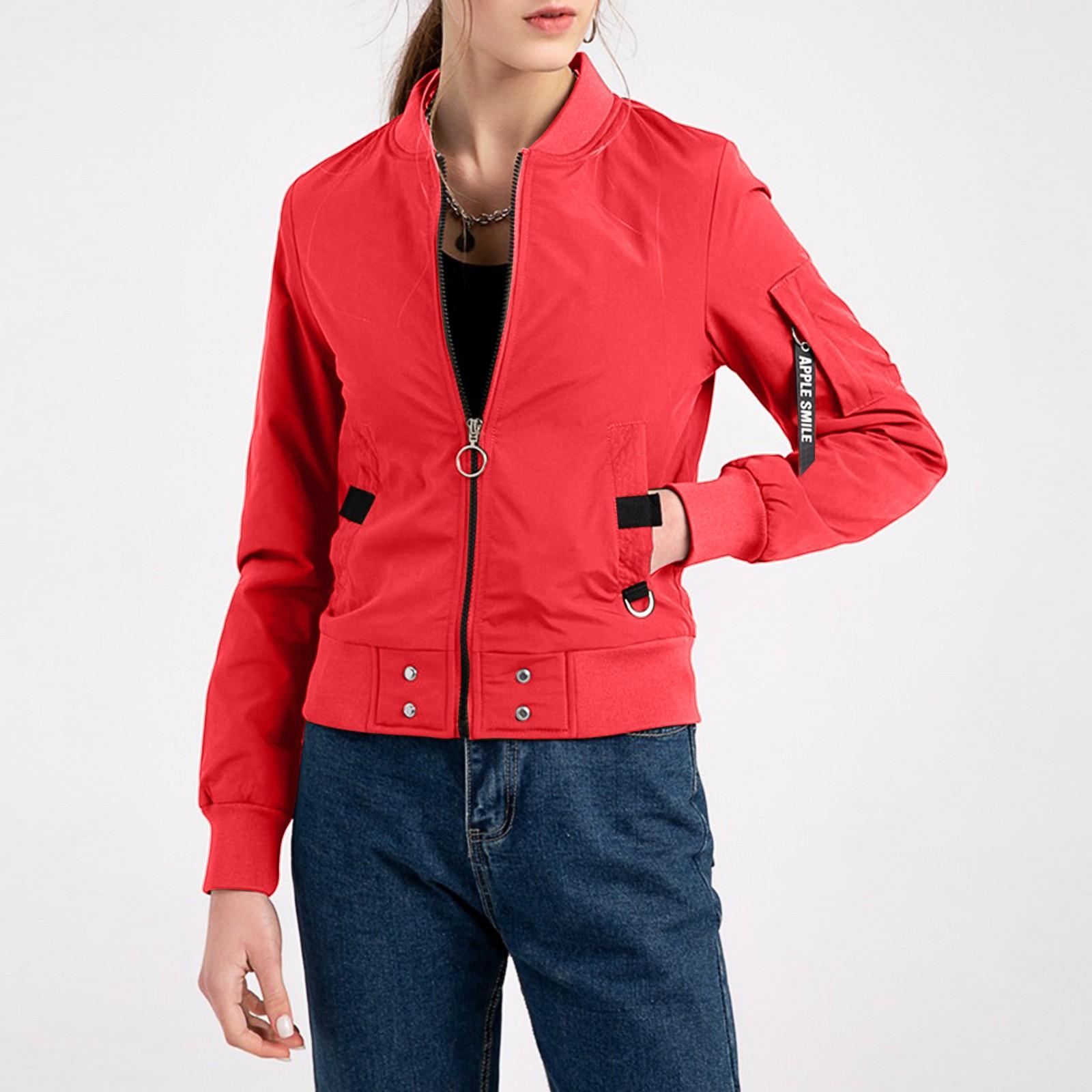 

Женская модная однотонная повседневная летная куртка со стоячим воротником на весну и осень XL красный