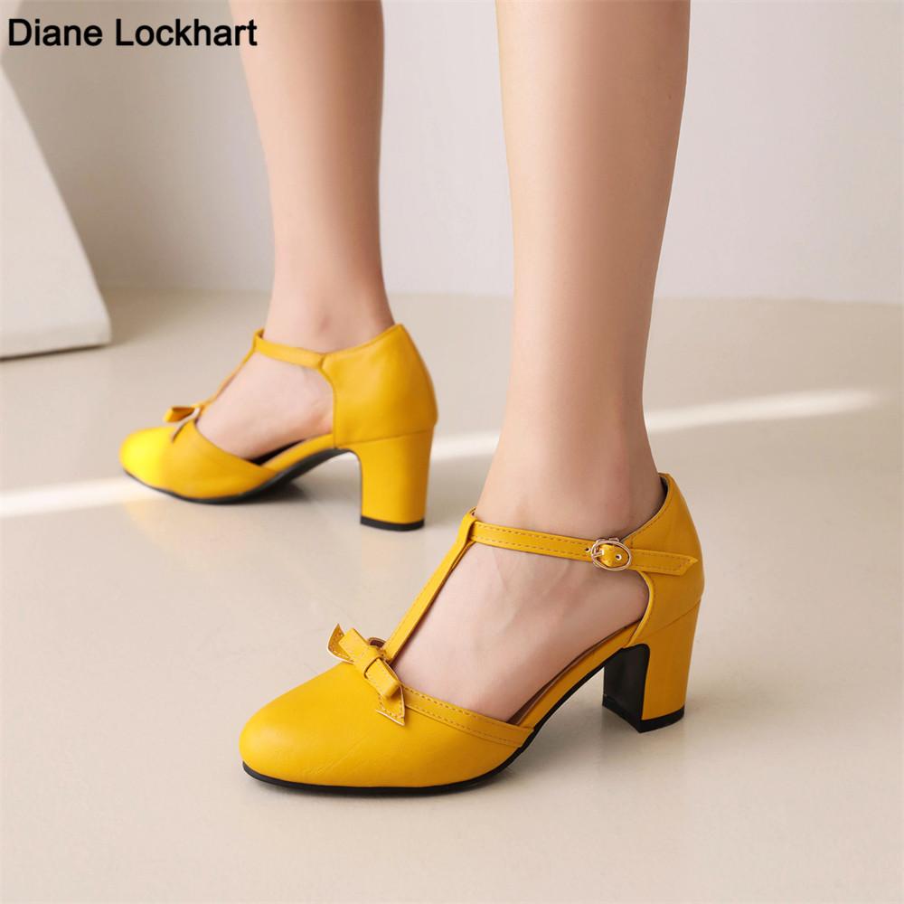 Fashion 2025 Women High Heels Spring Mary Jane Low High-heeled Shoes Ladies Buckle Round Head Shoes Brown Yellow Apricot Large Size34-43