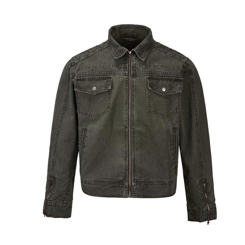Mens Washed Distressed Short Bomber Jacket Streetwear Loose Fit Cotton Workwear Style