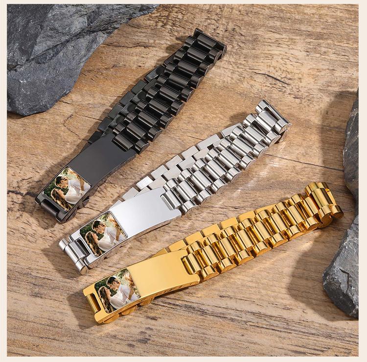 Personalized Photo Picture Bracelet, Free Customized Stainless Steel Wristband ID Bracelets For Men Engraved Bangle