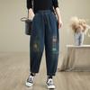 Retro Patch Embroidered Washed Jeans Plus Size Women's Autumn Stretch High Waist Slimming Harlan Daddy Pants Trousers