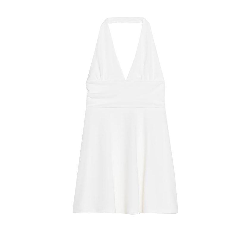 Spring and Summer Women's Clothing Minimalist Wind Ruched Decoration Hanging Collar Open Back Elegant Short Sleeveless Dress 5039358