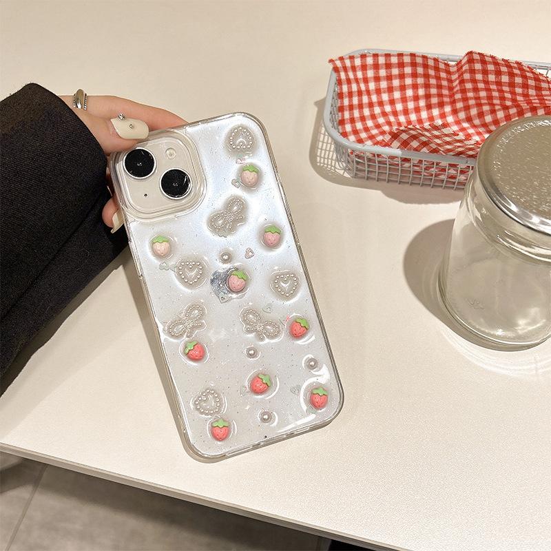 

Small Fresh Strawberry for IPhone16promax Mobile Phone Case for Apple 17 Pearl Bow 14 Transparent Glue Heart For iPhone 7/8/SE 2020