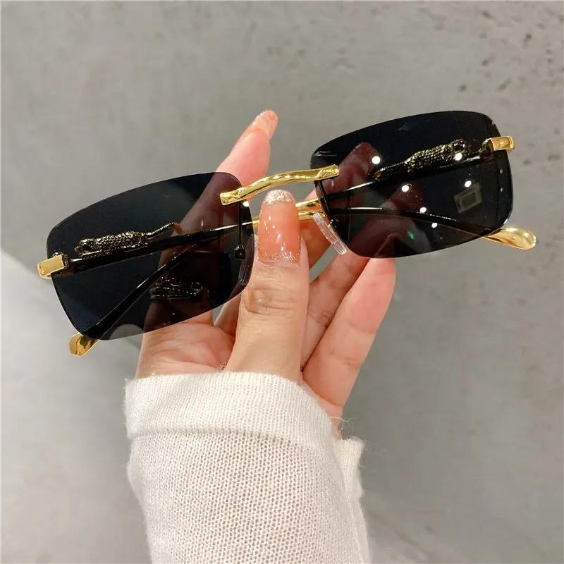 

Vintage Sunglasses Rimless Cut Edge Sunglasses Fashion Designer Shades Luxury Golden Leopard Frame Sunglasses Uv400