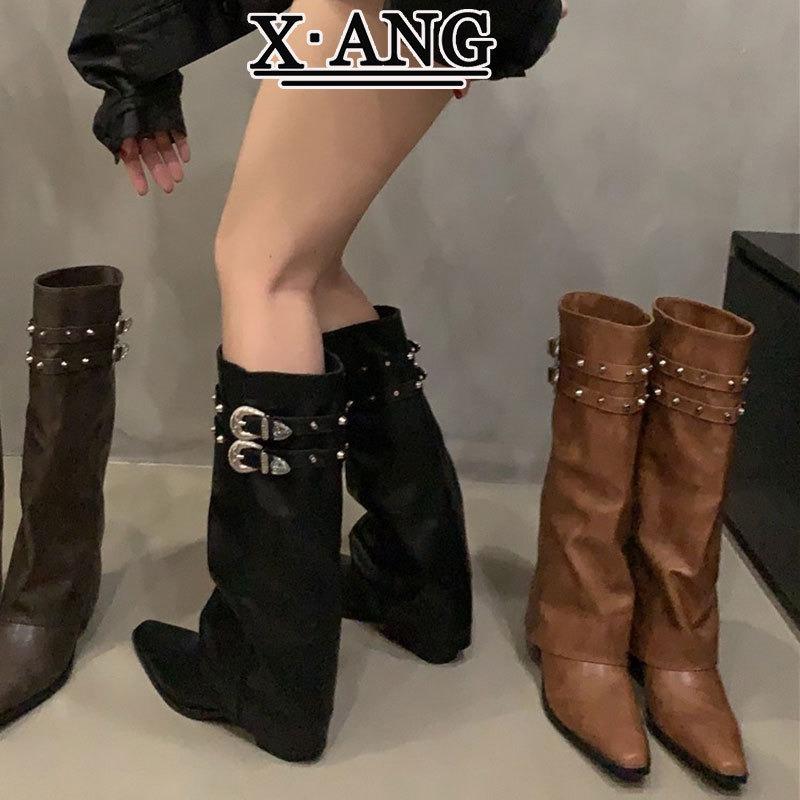 Cowhide Version Brown Trouser Boots Women's Pointed Head Thick Heel Slim Boots Spice Girl Style Knight Boots Western Cowboy Boots