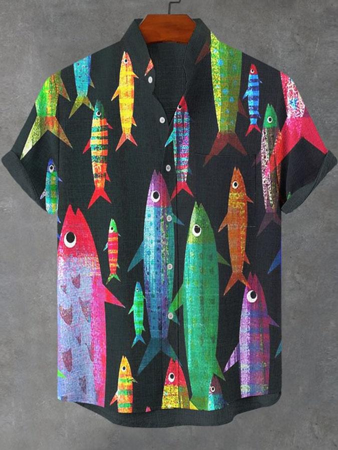 Summer Men's Casual Sea Life Graphic Short Sleeved Shirt Button Down Lapel Shirts Oversized Tops Casual Hawaiian Shirt for Men