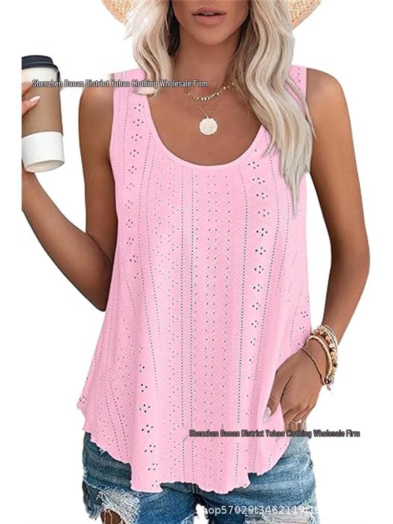 2024 Spring/Summer Sleeveless Hollow Jacquard Top - Women's Casual Round Neck Vest