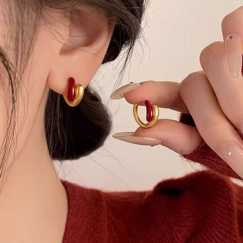 Real 925 Silver Red Drip Glaze Gold Hoop Earrings For Women Trendy Fine Jewelry Niche Advanced Accessories